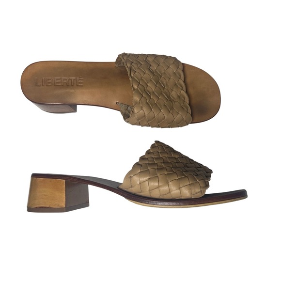 Liberte Woven Slide Sandals Block Heel Tan Leather Size‎ 9 - Picture 1 of 12